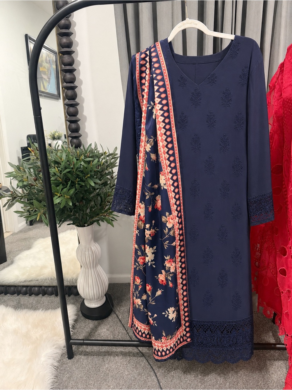 Elegant Navy Blue Embroidered Women's Dress with Floral Panel
